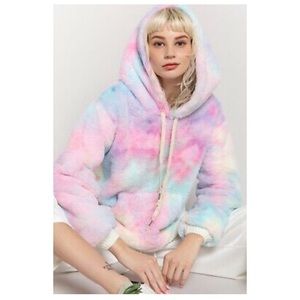 POL Cotton Candy Sherpa Fleece Hoodie Sz Small Fuzzy Hand Dip Dyed Relaxed Fit